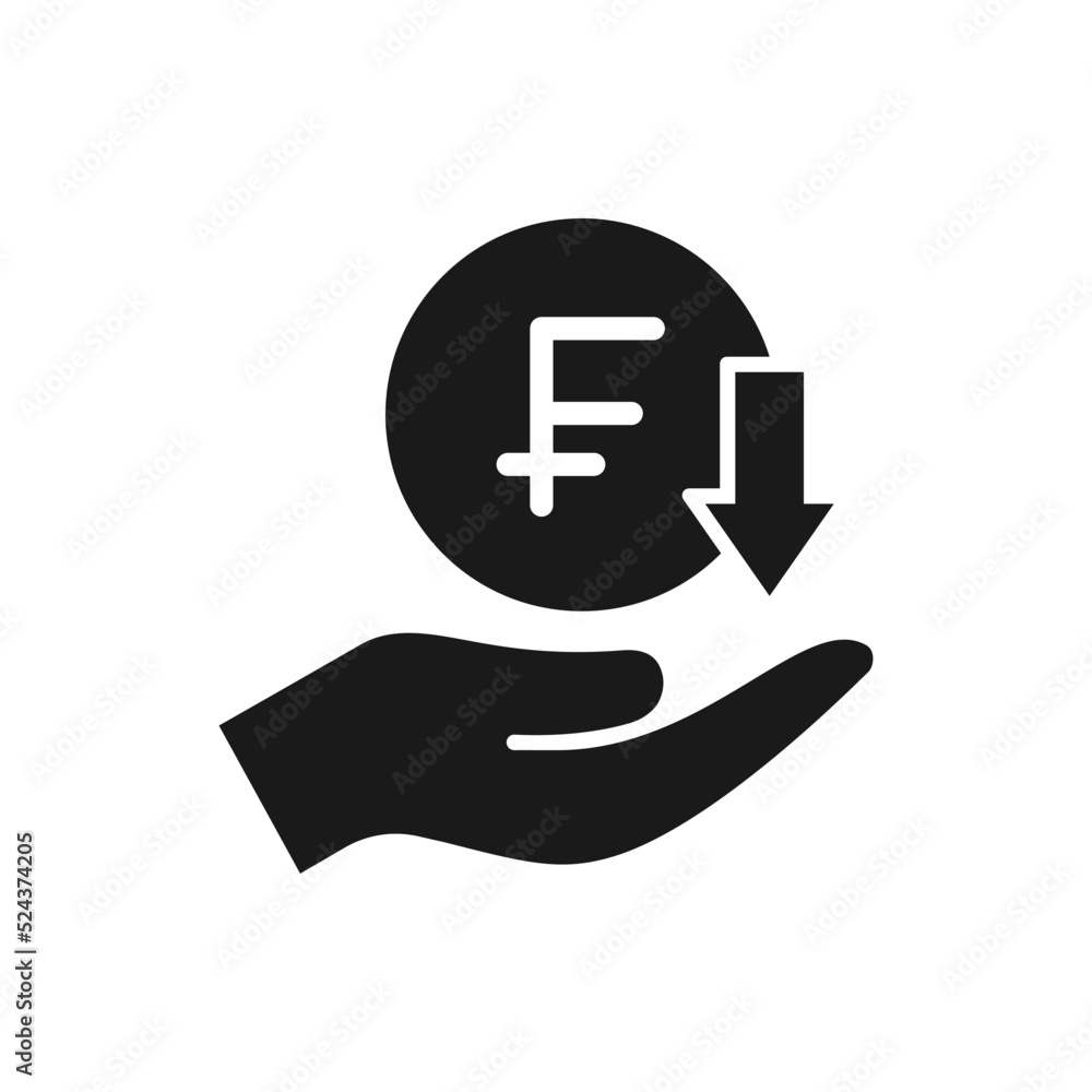 Franc earnings down icon flat style isolated on white background. Vector illustration Franc earnings down icon flat style isolated on white background. Vector illustration