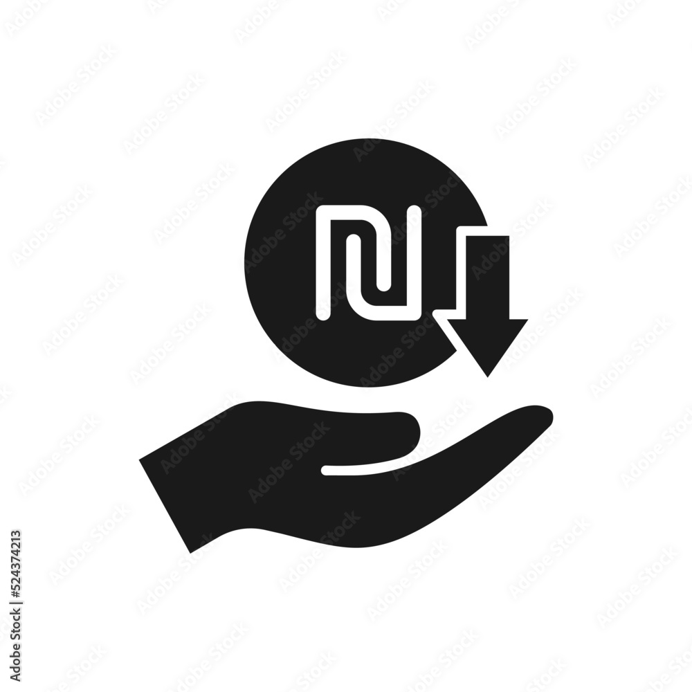 Shekel earnings down icon flat style isolated on white background. Vector illustration Shekel earnings down icon flat style isolated on white background. Vector illustration