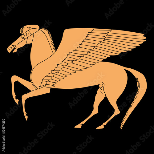 Ancient Greek winged horse Pegasus. Isolated vector illustration. Vase painting style.	On black background.