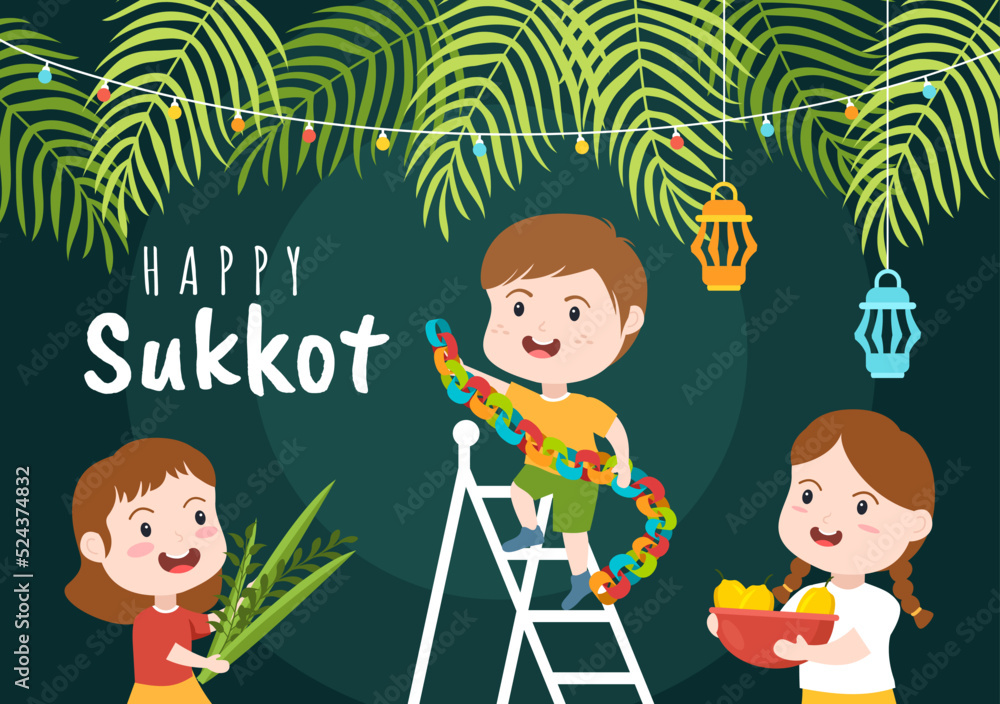 Happy Jewish Holiday Sukkot Hand Drawn Cartoon Flat Illustration with Sukkah, Etrog, Lulav, Arava, Hadas and Decoration Background Design Happy Jewish Holiday Sukkot Hand Drawn Cartoon Flat Illustration with Sukkah, Etrog, Lulav, Arava, Hadas and Decoration Background Design