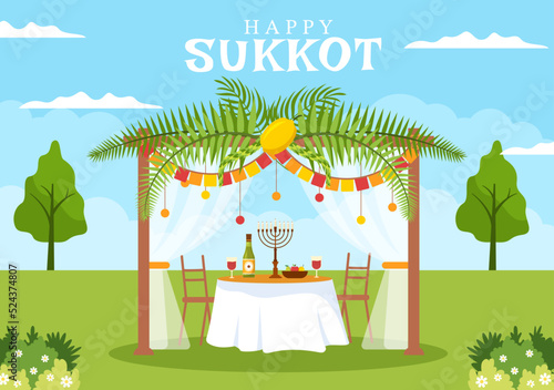 Happy Jewish Holiday Sukkot Hand Drawn Cartoon Flat Illustration with Sukkah, Etrog, Lulav, Arava, Hadas and Decoration Background Design