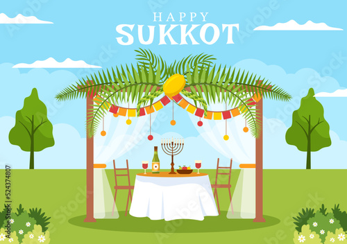 Happy Jewish Holiday Sukkot Hand Drawn Cartoon Flat Illustration with Sukkah, Etrog, Lulav, Arava, Hadas and Decoration Background Design photo