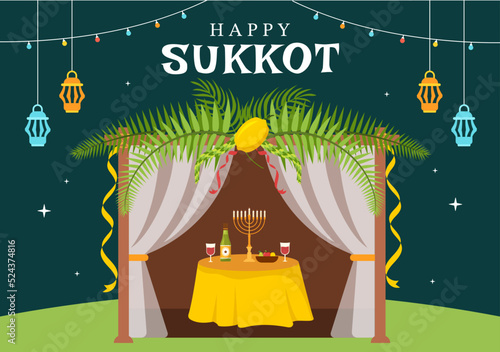 Happy Jewish Holiday Sukkot Hand Drawn Cartoon Flat Illustration with Sukkah, Etrog, Lulav, Arava, Hadas and Decoration Background Design