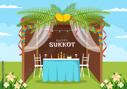 Happy Jewish Holiday Sukkot Hand Drawn Cartoon Flat Illustration with Sukkah, Etrog, Lulav, Arava, Hadas and Decoration Background Design photo