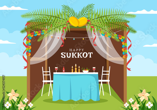 Happy Jewish Holiday Sukkot Hand Drawn Cartoon Flat Illustration with Sukkah, Etrog, Lulav, Arava, Hadas and Decoration Background Design