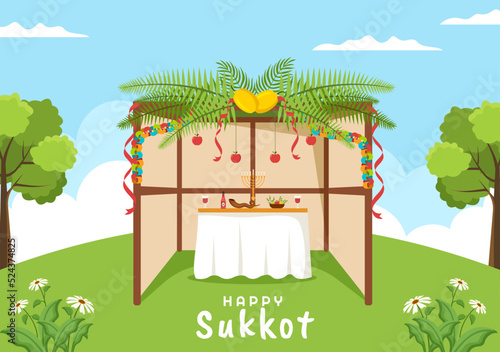 Happy Jewish Holiday Sukkot Hand Drawn Cartoon Flat Illustration with Sukkah, Etrog, Lulav, Arava, Hadas and Decoration Background Design
