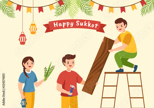 Happy Jewish Holiday Sukkot Hand Drawn Cartoon Flat Illustration with Sukkah, Etrog, Lulav, Arava, Hadas and Decoration Background Design