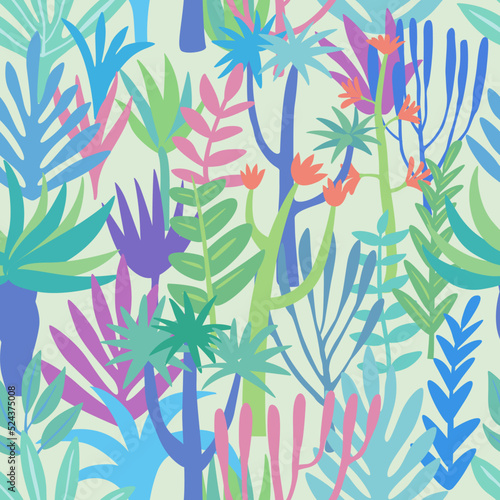 Seamless flora pattern. Cartoon vegetation. Vector graphics