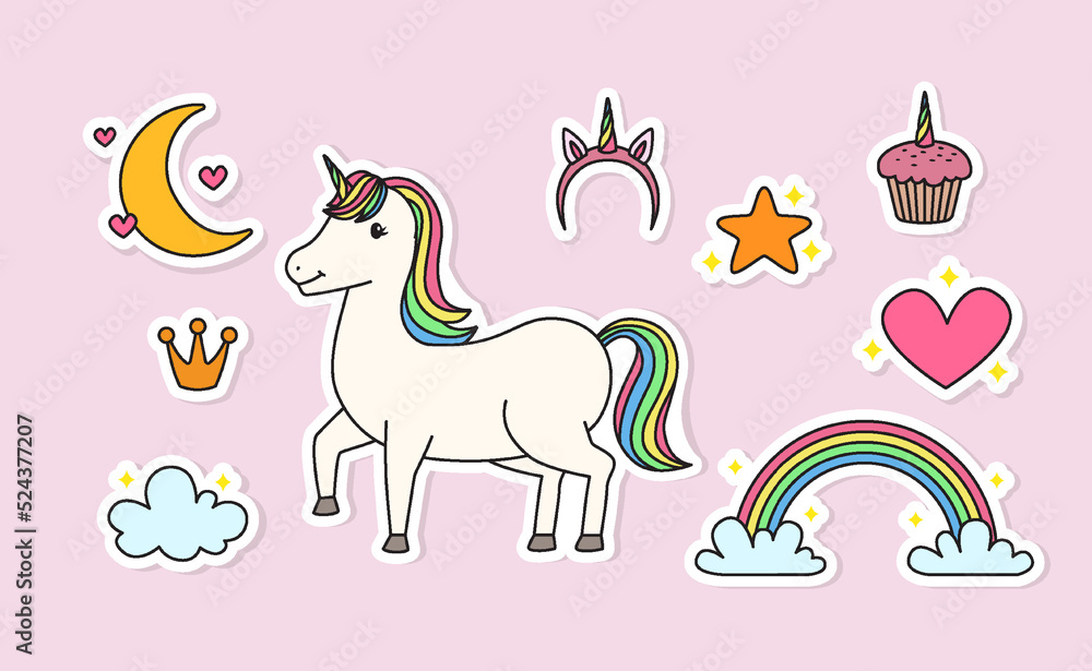 Set of cute Unicorn fairy tale sticker with decoration element Set of cute Unicorn fairy tale sticker with decoration element