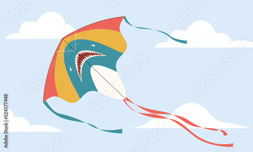 Wind kite flying. Kids entertainment striped colorful object with wings