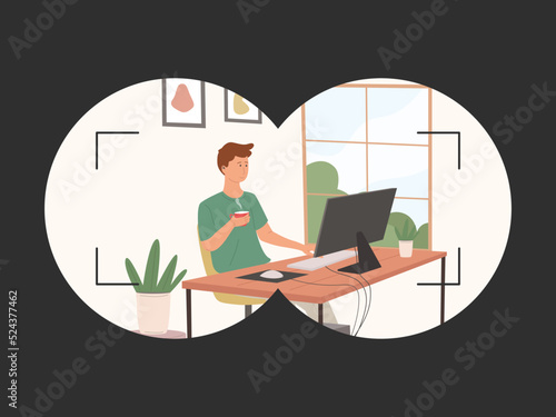 Binoculars view, espionage, stalker, young male character working on computer