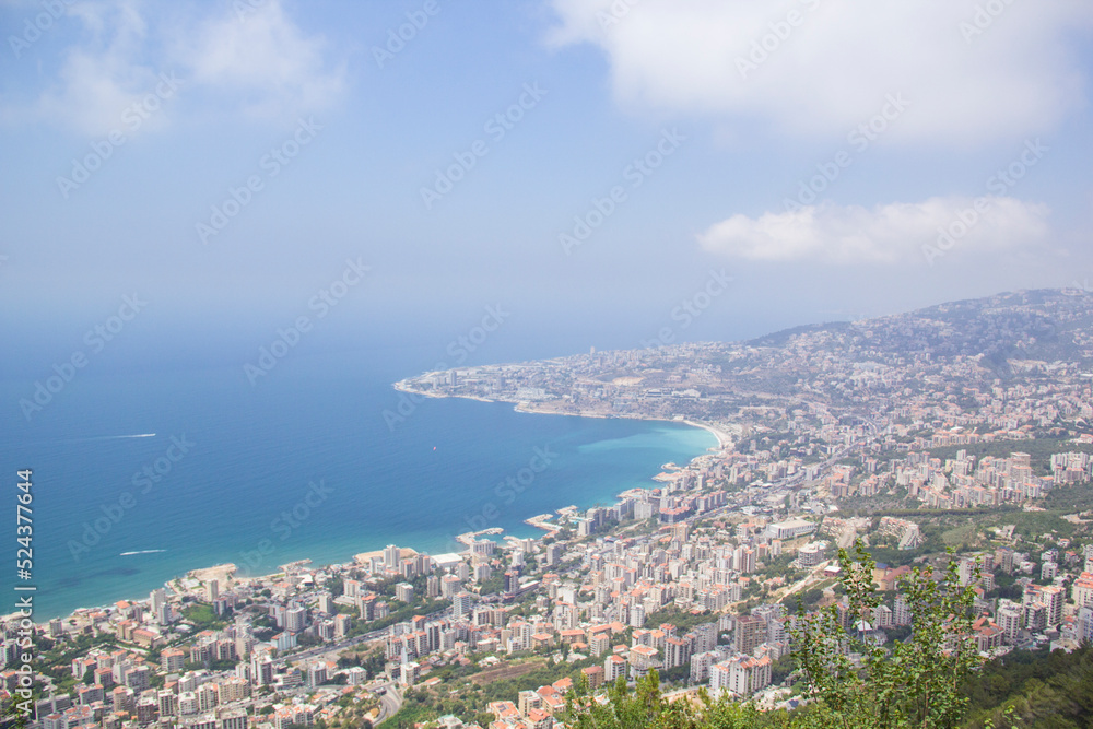 Beautiful view of the funicular at the resort town of Jounieh from Mount Harisa, Lebanon