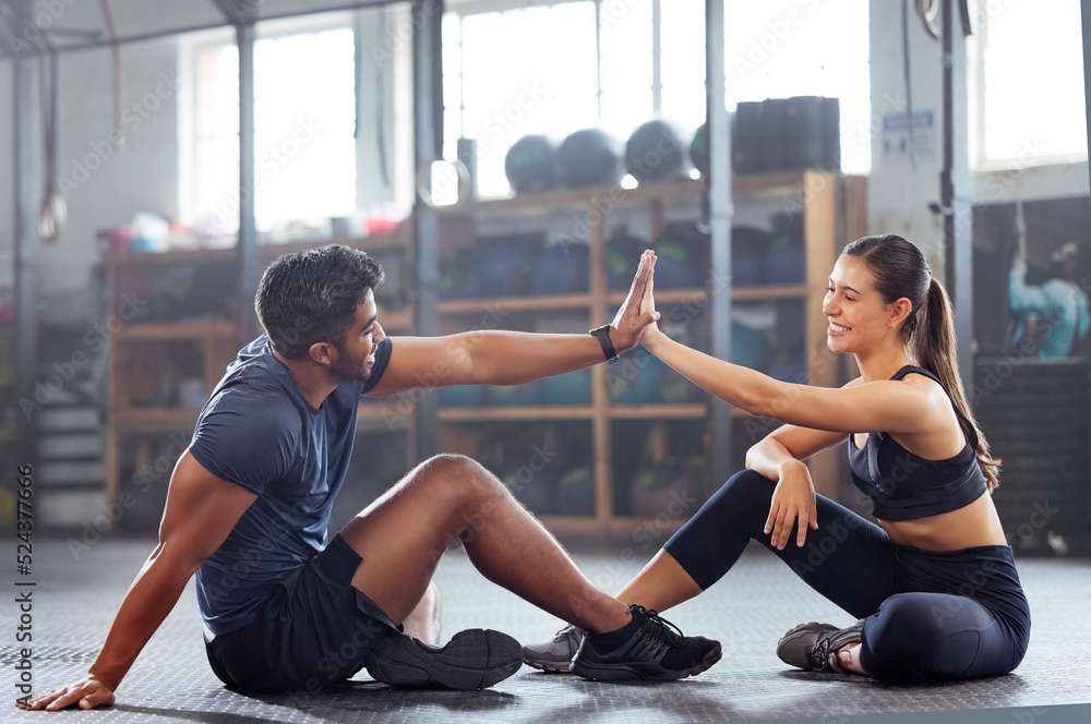 Fitness couple, high five and personal trainer with woman client