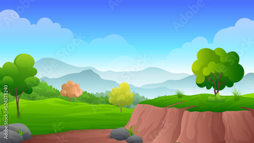 Landslide on the hill, with some rock, green grass, trees and mountain under the blue sky