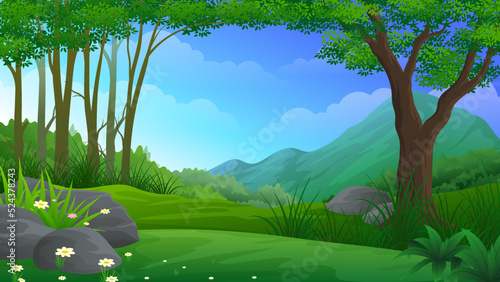 Beautiful tropical forest or hill with green grass, trees and mountain cartoon illustration