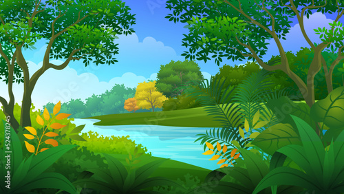 Dense green forest along side flowing river, Peaceful forest Scenery natural landscape