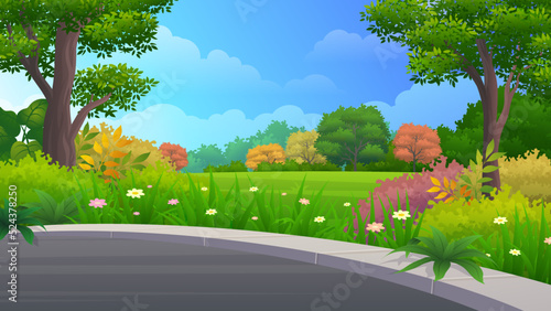 Urban garden terrace, with green lawn, trees, colorful bush, beautiful City park Scenery landscape