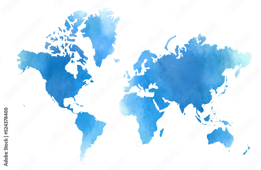 Colorful water color world map on canvas background. Digital painting.
