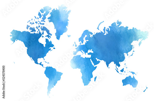 Colorful water color world map on canvas background. Digital painting.