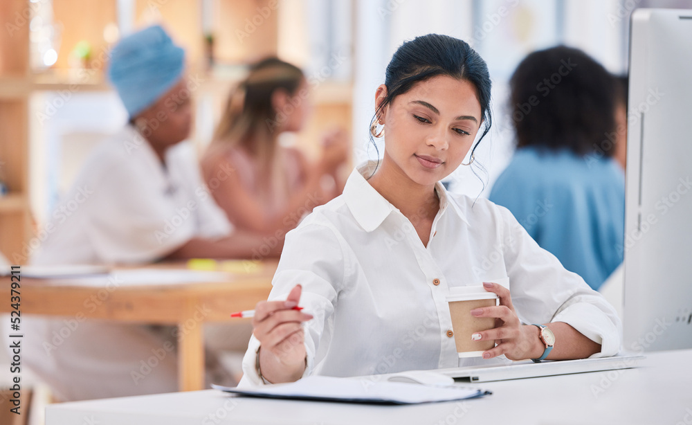 Fototapeta premium Business intern writing notes, planning ideas and brainstorming while working on strategy in a startup agency. Organized young woman drinking coffee, developing goals and thinking of innovation