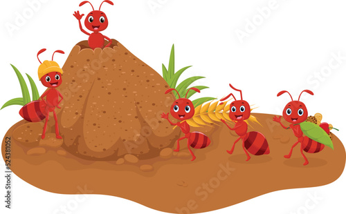 Cartoon ants colony working together bringing food to ant hill