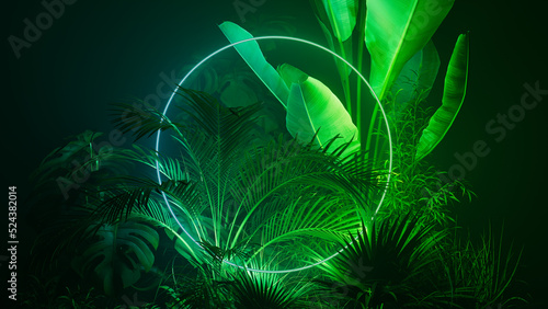 Cyberpunk Background Design. Tropical Leaves with Green and Blue, Circle shaped Neon Frame.