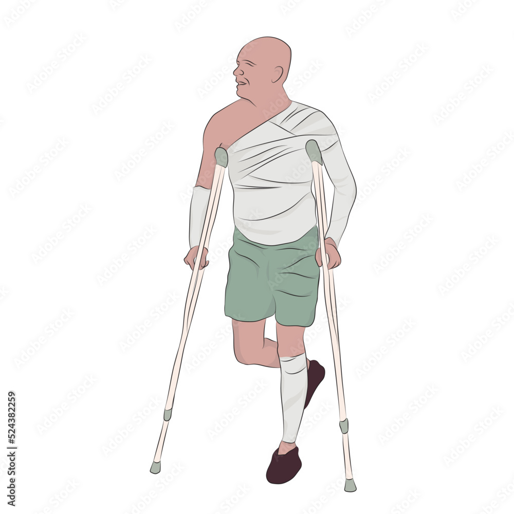 Man with crutches in a cast and bandages, standing on one leg. Man with crutches in a cast and bandages, standing on one leg.