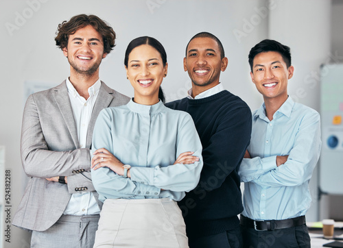 Businesspeople, team or group of young professionals, staff or interns in unity at office. Portrait of diverse company employees, colleagues and coworkers of b2b advertising and marketing agency photo