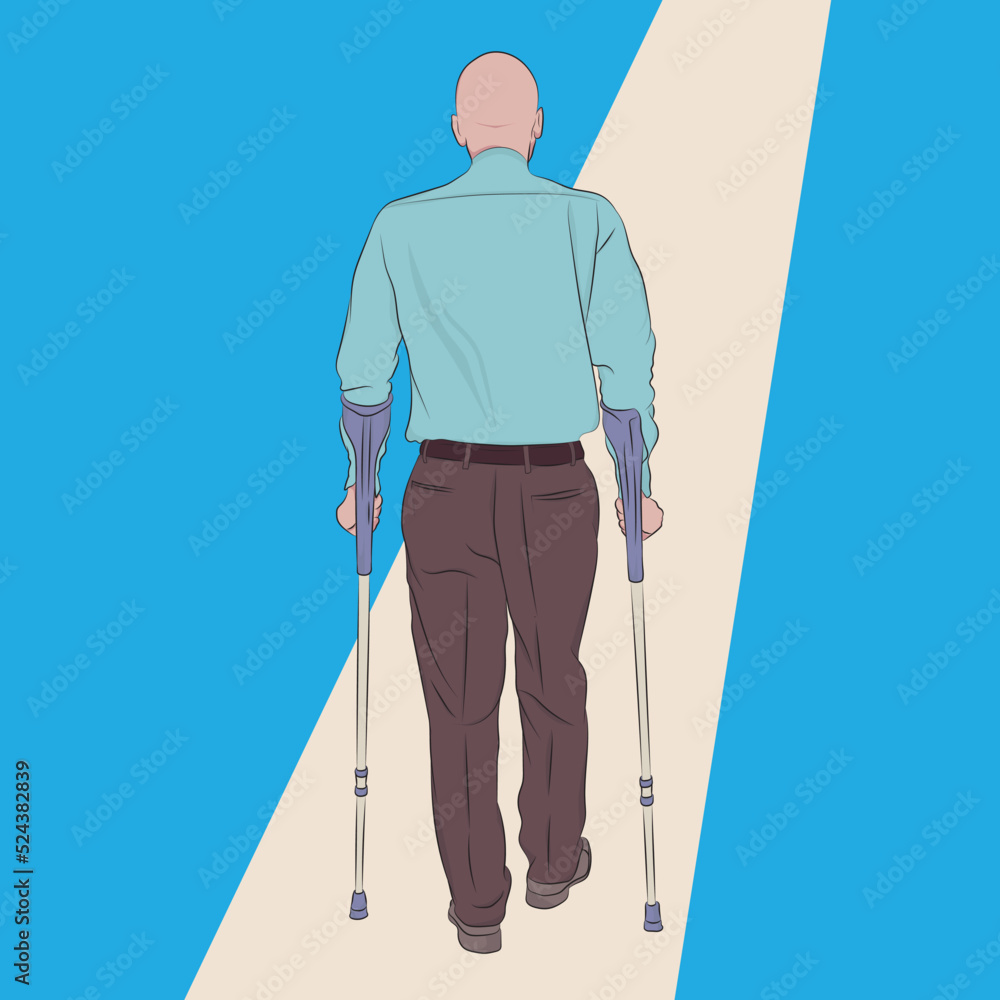 Older man walking away on crutches, formally dressed. Older man walking away on crutches, formally dressed.
