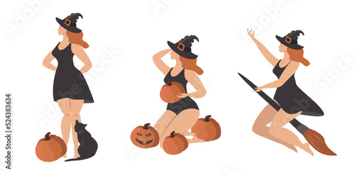 vector illustration in a flat style on the theme of halloween. set of isolated elements - three red-haired witches. witch on broomstick, witch with pumpkins and black cat
