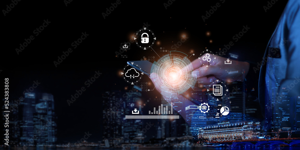 Businessman accessing the Cloud Computing Technology Internet Storage Network Concept And a large database big data Through internet technology. Digital business data, Future Data Network Management. Businessman accessing the Cloud Computing Technology Internet Storage Network Concept And a large database big data Through internet technology. Digital business data, Future Data Network Management.