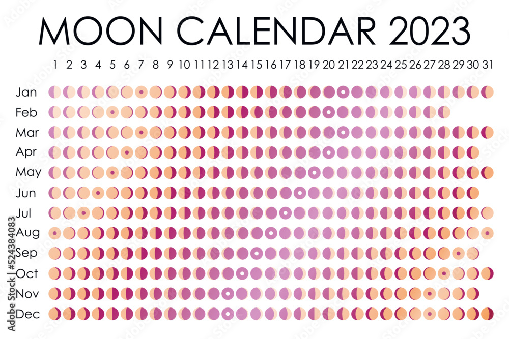 2023 Moon calendar. Astrological calendar design. planner. Place for stickers. Month cycle planner mockup. Isolated black and white background