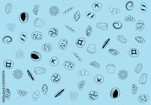 bread and bakery doodle pattern. Baked goods background. Vector illustration.