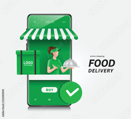 female food salesman holding food with cover on it and square food bag on side is placed for food delivery man and all are in front of the smartphone store,vector 3d for delivery and online shopping