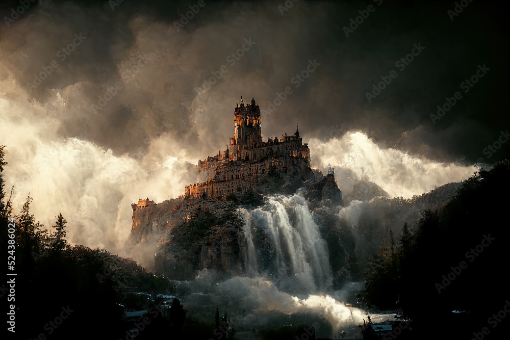 Fototapeta premium Painting of a castle on top of a mountain above a waterfall.