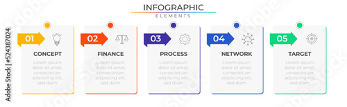 Arrow target timeline infographic elements concept design vector with icons. Business workflow network project template for presentation and report.