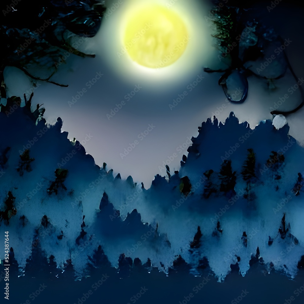 Fantasy forest landscape with dreaming girl blowing soap bubbles in the sky with magic trees, stars, moon, fairy tale panoramic illustration, imaginary world