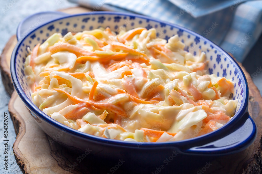 Coleslaw salad close up on a bowl. Cabbage, carrot salad. (Turkish name; lahana salatasi) Coleslaw salad close up on a bowl. Cabbage, carrot salad. (Turkish name; lahana salatasi)