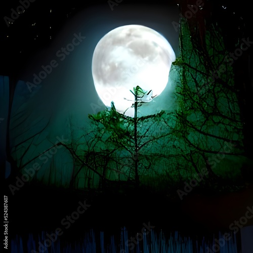 Night Coniferous Forest. Magic Woods. Moonlight and Fog. Nature, Mystery and Fairy Tale Space. illustration