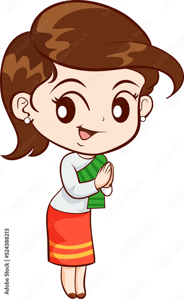 cute thai traditional woman sawasdee in cartoon character