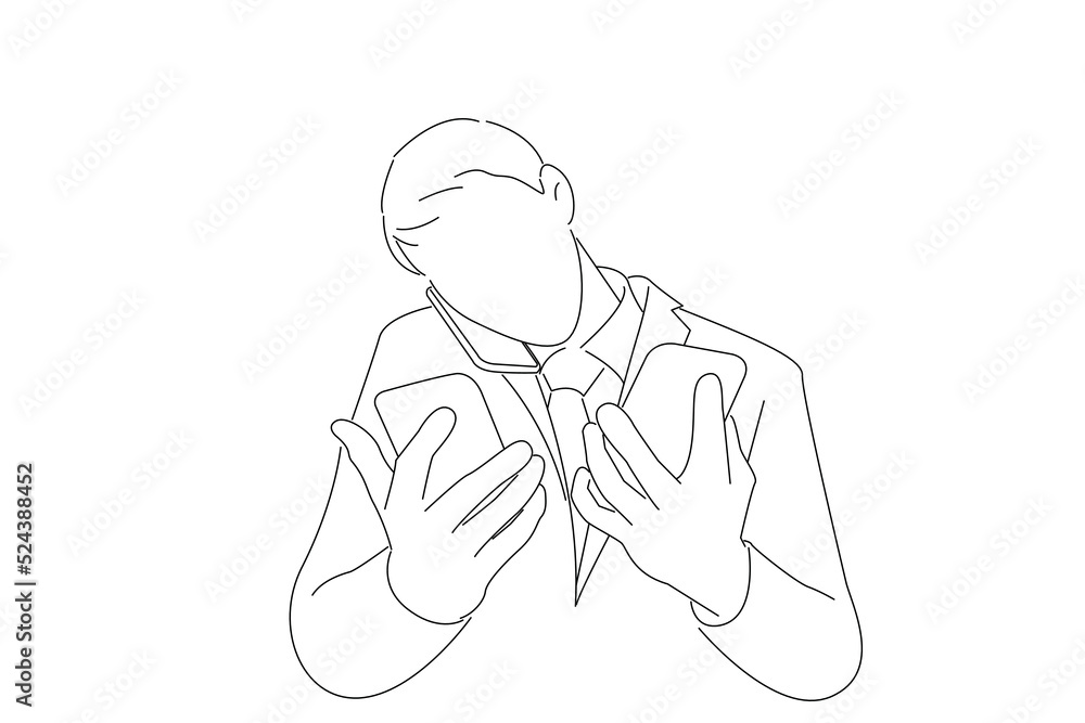 Cartoon of stressed businessman talking on many phones at once. Line art style Cartoon of stressed businessman talking on many phones at once. Line art style