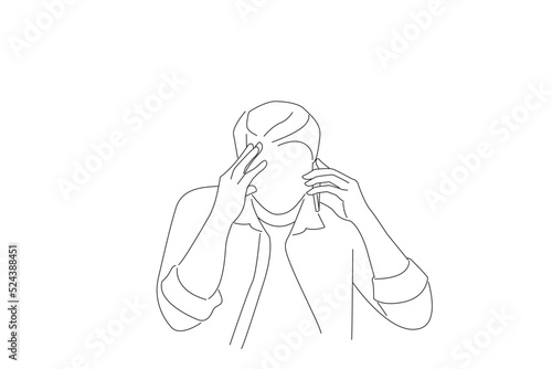 Drawing of stressed business man holding cellphone conversation, feeling displeased with bad negative news. One line art