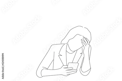 Illustration of confused young businesswoman looking at smartphone screen, feeling depressed. Line art style