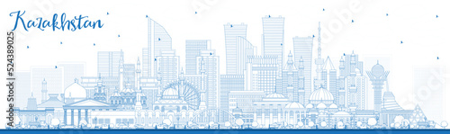 Outline Kazakhstan City Skyline with Blue Buildings.