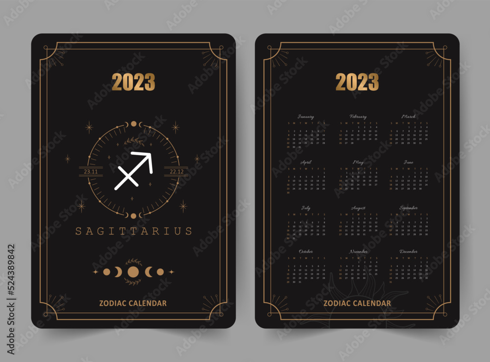 Zodiac sagittarius calendar 2023. Pocket size. Front and back sides