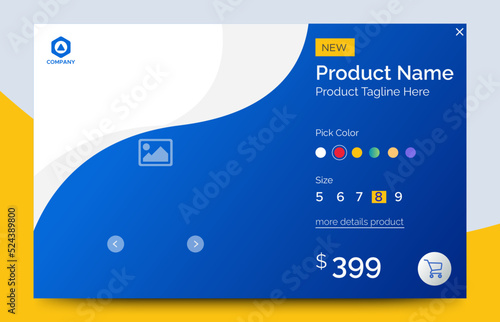 Ecommerce product details page with price and place for image. Attractive page and card UI design with gradient blue for website, landing page or card. vector EPS