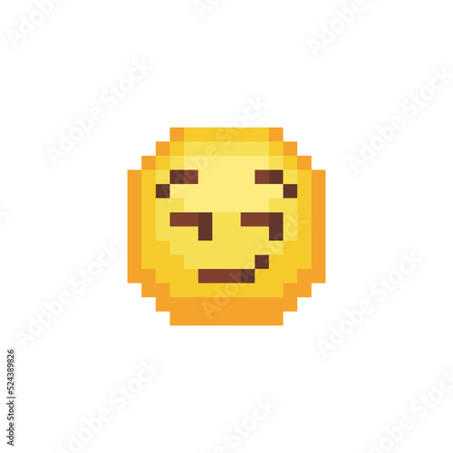 Smirking face. Smiling emoticon  emoji  smiley. Pixel art style. Funny cartoon character. Web icon. Facial expression. 8-bit style. Isolated abstract vector illustration.