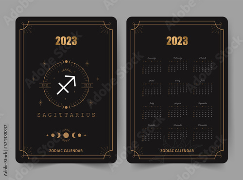 Zodiac sagittarius calendar 2023. Pocket size. Front and back sides. Week starts on sunday. Astrological vector template ready to print. Vertical layout in English with horoscope sign.