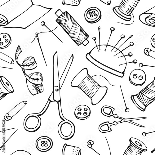 Seamless pattern with sewing tools. Hand drawn illustration converted to vector.