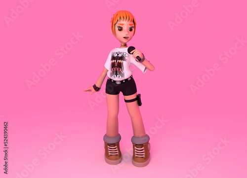 Kpop girl sings with microphone hands. 3D Illustration